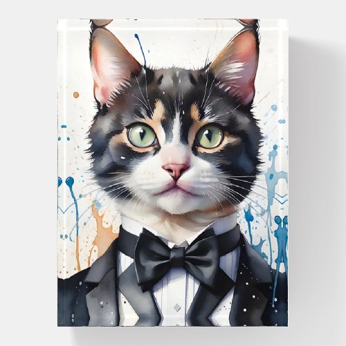 Watercolor Tabby Cat in Tuxedo Vest Black Bow Tie Paperweight