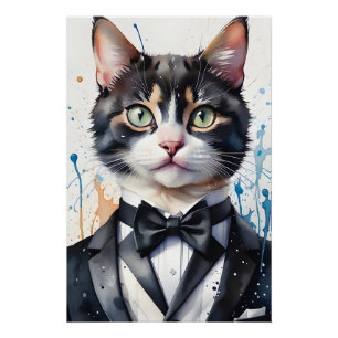 Watercolor Tabby Cat in Tuxedo Vest Black Bow Tie Poster