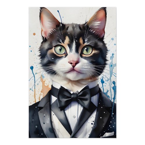Watercolor Tabby Cat in Tuxedo Vest Black Bow Tie Poster
