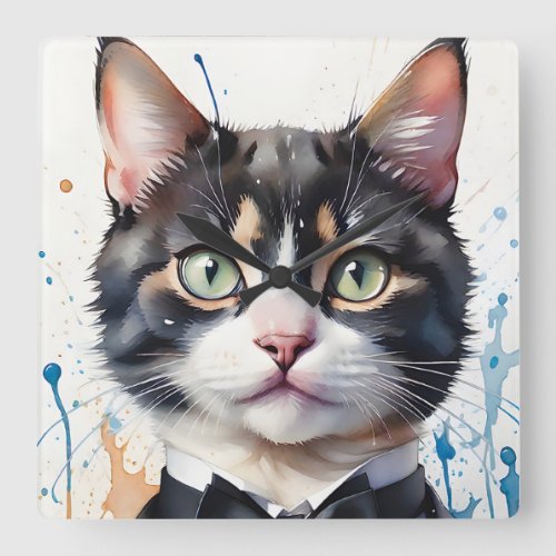 Watercolor Tabby Cat in Tuxedo Vest Black Bow Tie Square Wall Clock