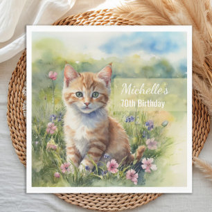 Watercolor Tabby Cat Pet Meadow 70th Birthday Napkins