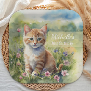 Watercolor Tabby Cat Pet Meadow 70th Birthday Paper Plates