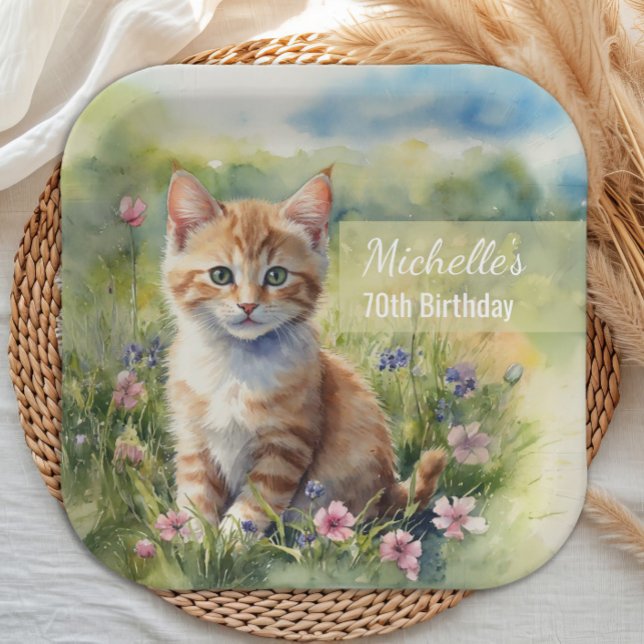 Watercolor Tabby Cat Pet Meadow 70th Birthday Paper Plates (Cat 70th birthday party paper plate)