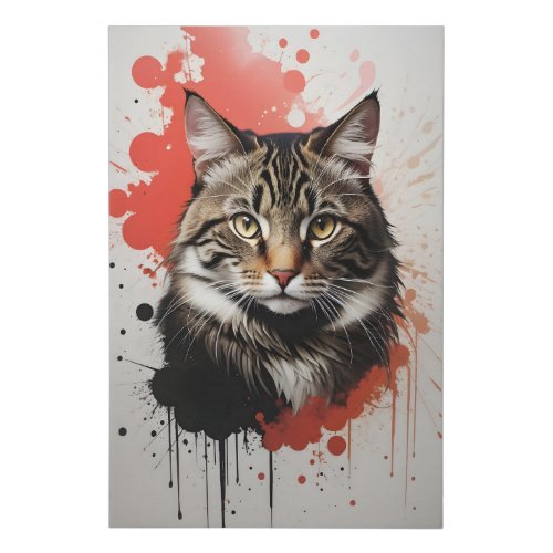 Watercolor Tabby Cat Splatter Art Red and Black Faux Canvas Print