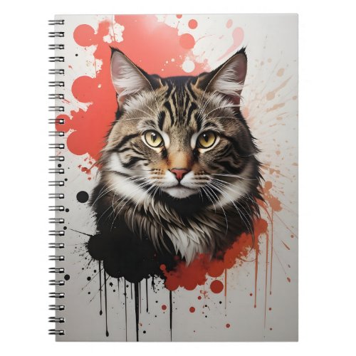 Watercolor Tabby Cat Splatter Art Red and Black Notebook