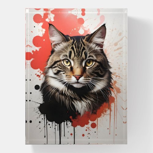 Watercolor Tabby Cat Splatter Art Red and Black Paperweight