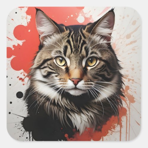 Watercolor Tabby Cat Splatter Art Red and Black Square Sticker