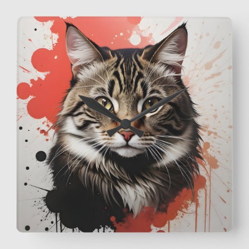 Watercolor Tabby Cat Splatter Art Red and Black Square Wall Clock