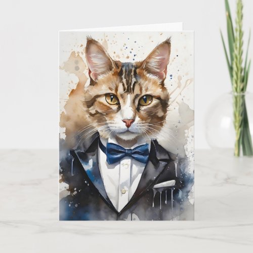 Watercolor Tabby Cat Tuxedo and Blue Bow Tie Blank Card