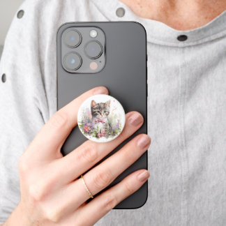 Watercolor Tabby Cat with Pink Bow PopSocket