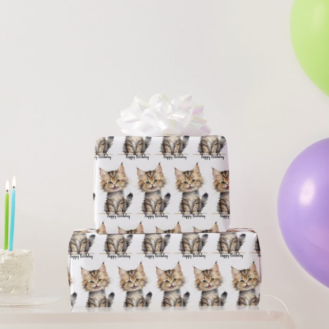 Watercolor Tabby Kitten for Birthday Wrapping Paper (Party Gifts)
