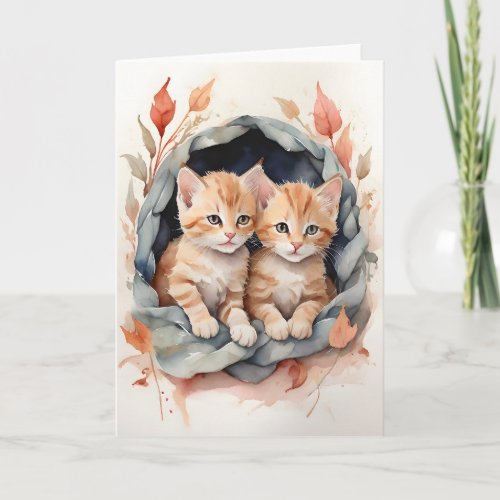 Watercolor Tabby Kittens Best Pals Flowers Blank Card