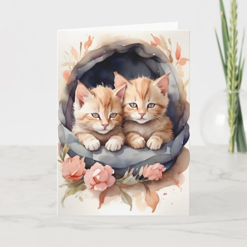 Watercolor Tabby Kittens Brothers Flowers Blank Card