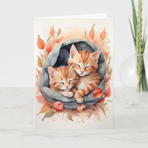 Watercolor Tabby Kittens Sleeping Flowers Blank Card