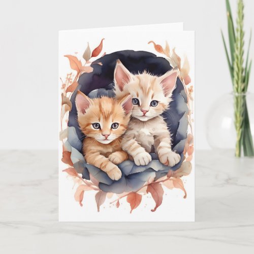 Watercolor Tabby Kittens Snuggling Flowers Blank Card