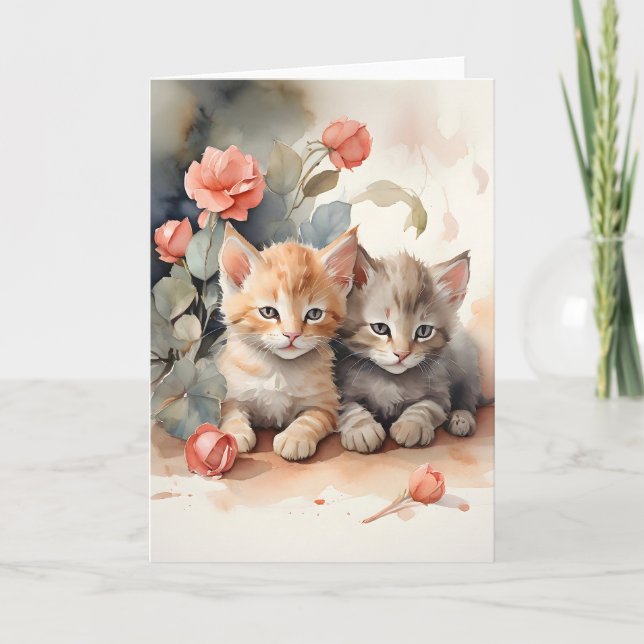 Watercolor Tabby Kittens Snuggling Flowers Blank Card (Front)
