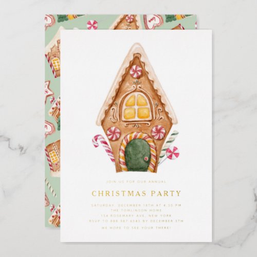 Watercolor Tall Gingerbread House Christmas Party Foil Invitation