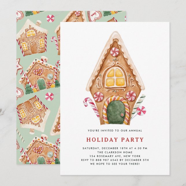 Watercolor Tall Gingerbread House Holiday Party Invitation (Front/Back)