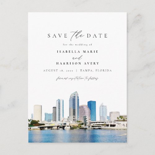 Watercolor Tampa Florida Skyline Save the Date Postcard