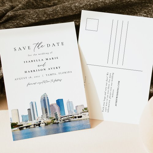 Watercolor Tampa Florida Skyline Save the Date Postcard