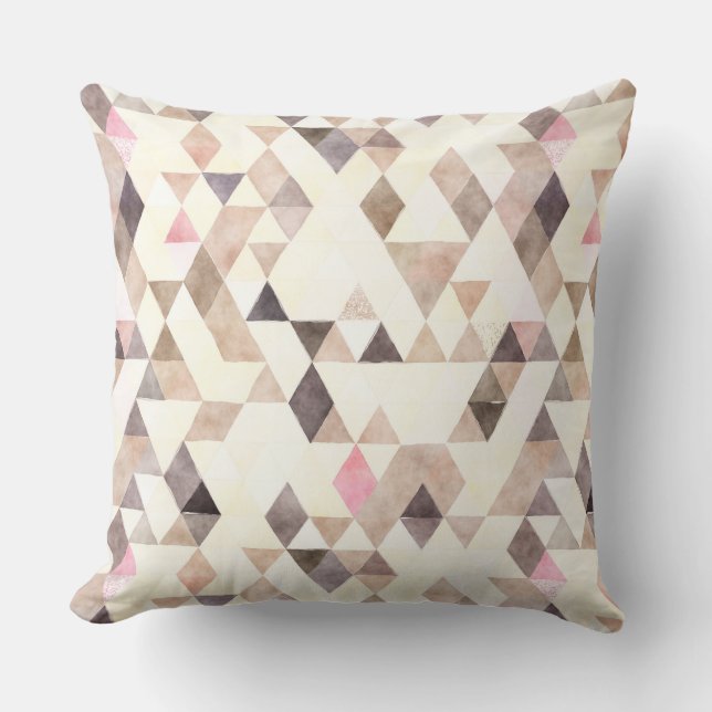 Watercolor Tan Mocha Cream Pink Triangles Pattern Throw Pillow (Front)