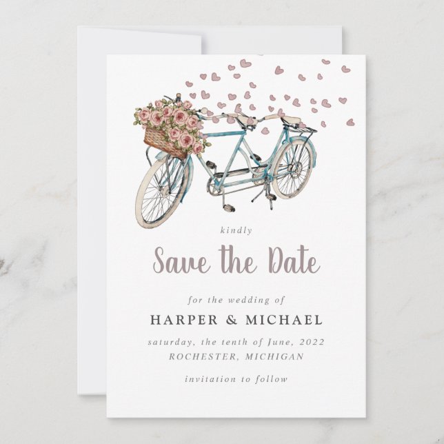Watercolor Tandem bicycle save the date Invitation (Front)