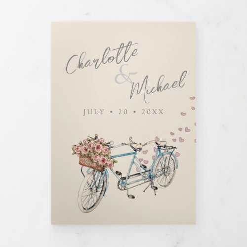 watercolor tandem bike with hearts wedding  Tri_Fo Tri_Fold Invitation
