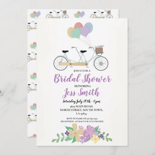 Watercolor Tandem Bridal Shower Party Flowers Bike Invitation
