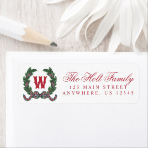 Watercolor Tartan Plaid Bow Monogram Laurel Wreath Label