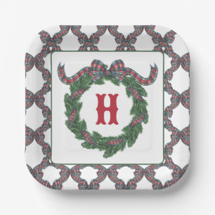 Watercolor Tartan Plaid Bow Monogram Wreath Paper Plates