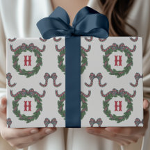 Watercolor Tartan Plaid Bow Monogram Wreath