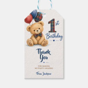 Watercolor Tartan Teddy Bear 1st Birthday  Gift Tags