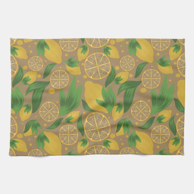 Watercolor Taupe  Citrus Lemon Fruit  Kitchen Towel (Horizontal)