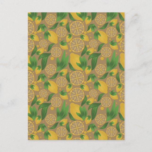 Watercolor Taupe Lemon Fruit Pattern Postcard (Front)