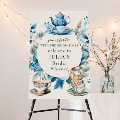 Watercolor Tea  Blue Floral Bridal Shower Welcome Foam Board