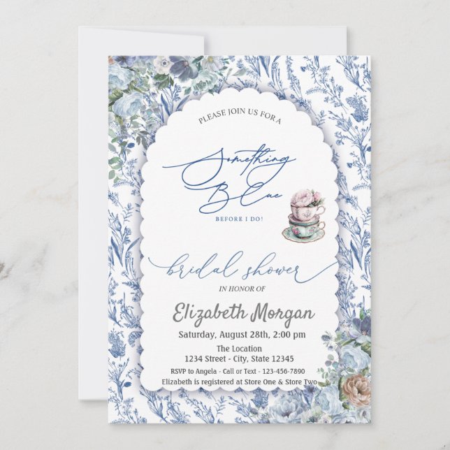 Watercolor Tea cup Blue Wildflower Bridal Shower  Invitation (Front)