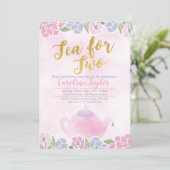 Watercolor Tea for Two Baby Shower Pink Gold Invitation (Standing Front)