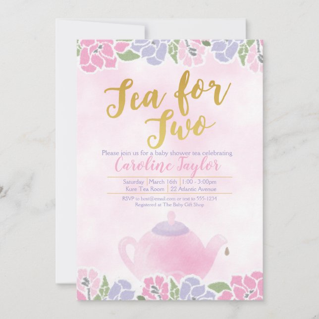 Watercolor Tea for Two Baby Shower Pink Gold Invitation (Front)
