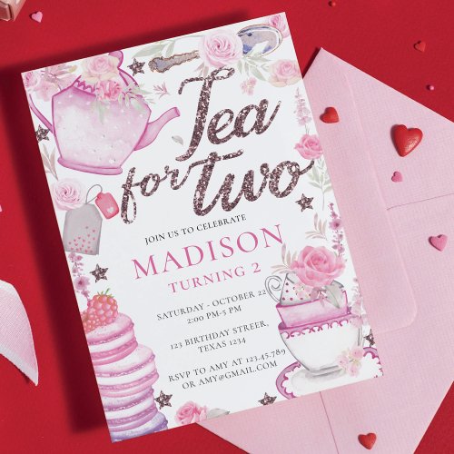 Watercolor Tea Party 2nd Birthday Glitter Invitation