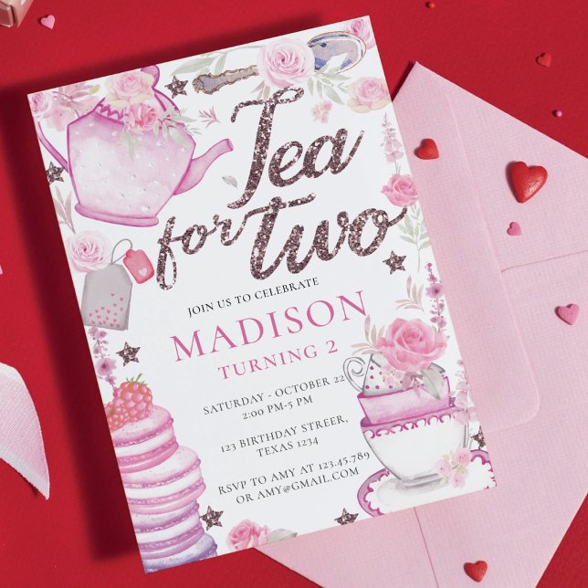 Watercolor Tea Party 2nd Birthday Glitter Invitation (Creator Uploaded)