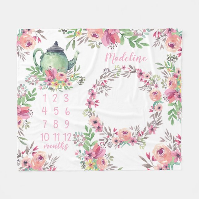 Watercolor Tea Party Baby Milestone Fleece Blanket (Front (Horizontal))