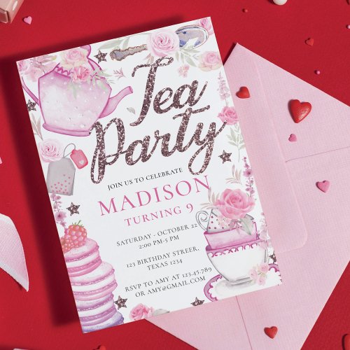 Watercolor Tea Party Birthday Glitter Invitation