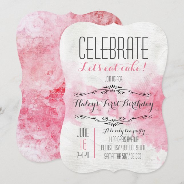 Watercolor Tea Party Birthday Invitation (Front/Back)