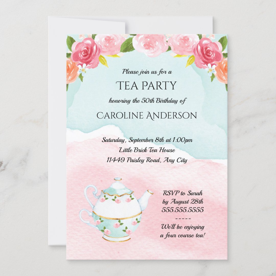 Watercolor Tea Party Birthday Party Invitation 