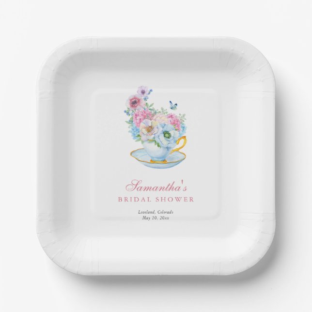 Watercolor Tea Party Bridal shower Paper Plates (Front)