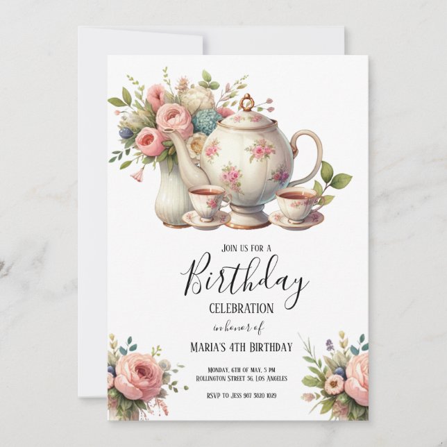 Watercolor Tea Party Cute Kids Birthday Invitation (Front)