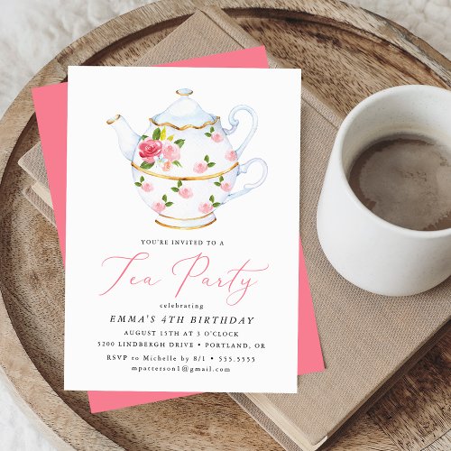 Watercolor Tea Party Kids Birthday Party Invitation