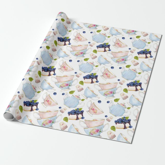 Watercolor Tea Party Pattern Wrapping Paper (Unrolled)