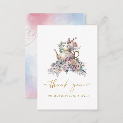 Watercolor tea party pink gold   thank you note card