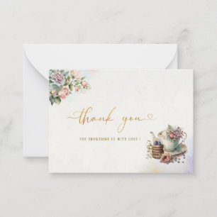 Watercolor tea party pink gold   thank you note card